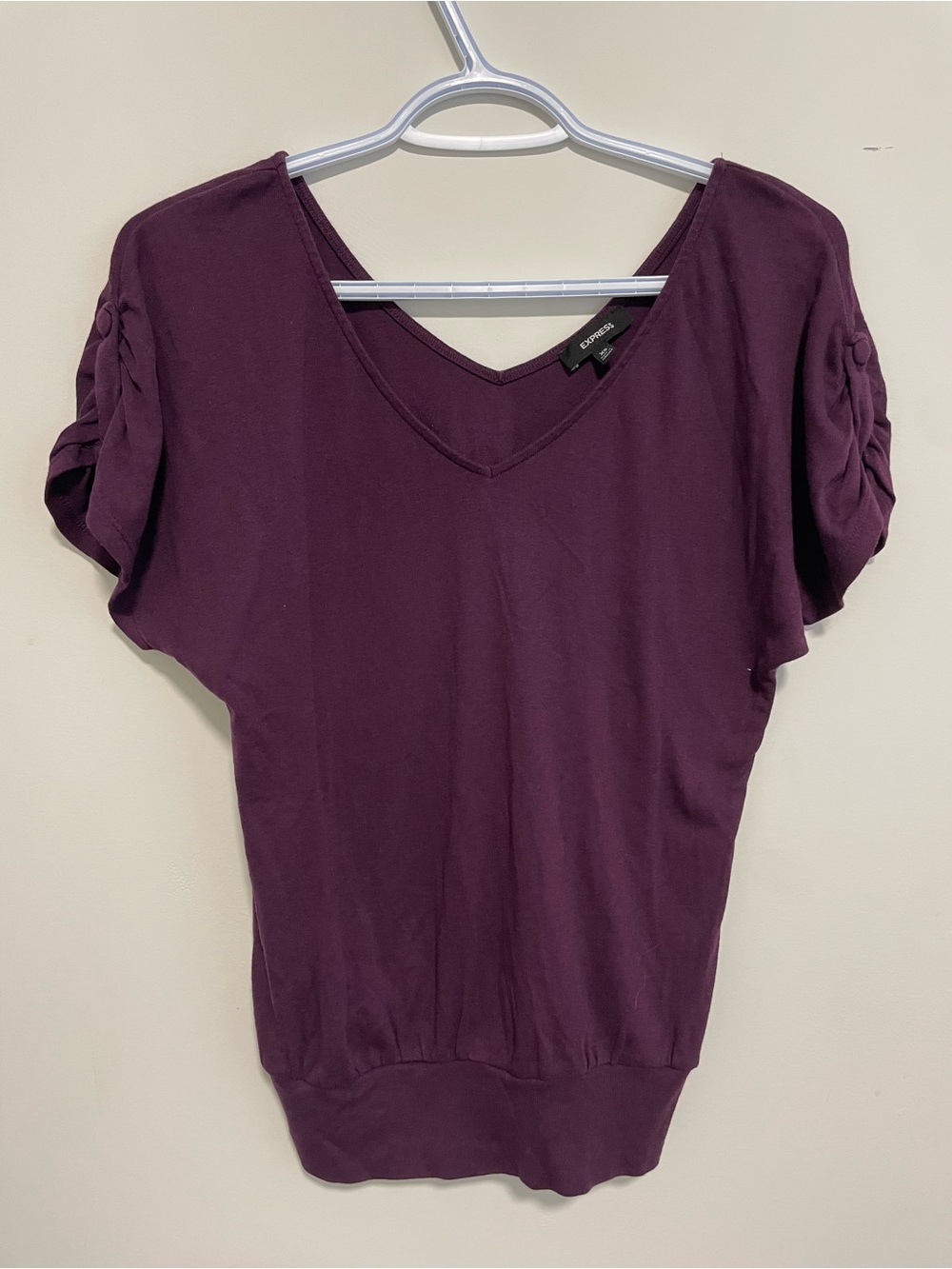 309 Express Deep Plum V-Neck Short Sleeve Top